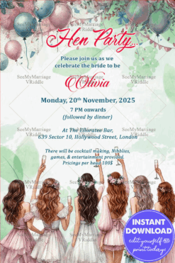 Whimsical Watercolor Theme Hen Party Invitation Card with Balloons Backdrop