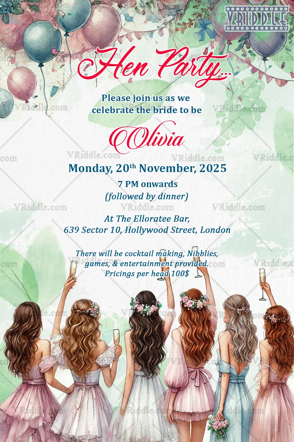 Whimsical Watercolor Theme Hen Party Invitation Card with Balloons Backdrop