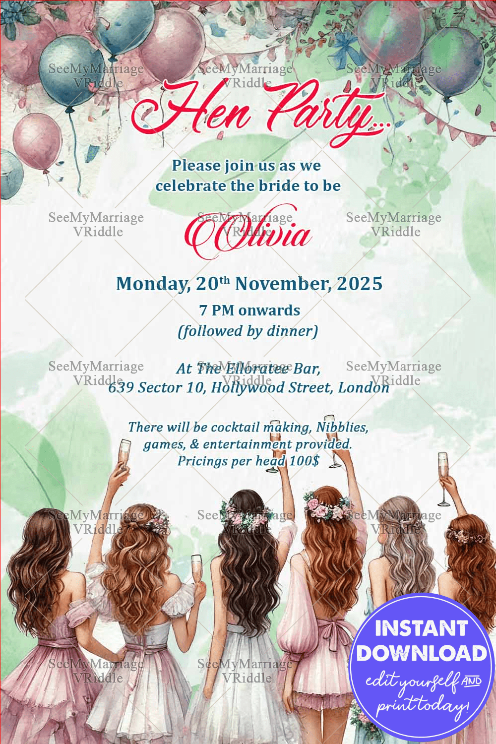Whimsical Watercolor Theme Hen Party Invitation Card with Balloons Backdrop
