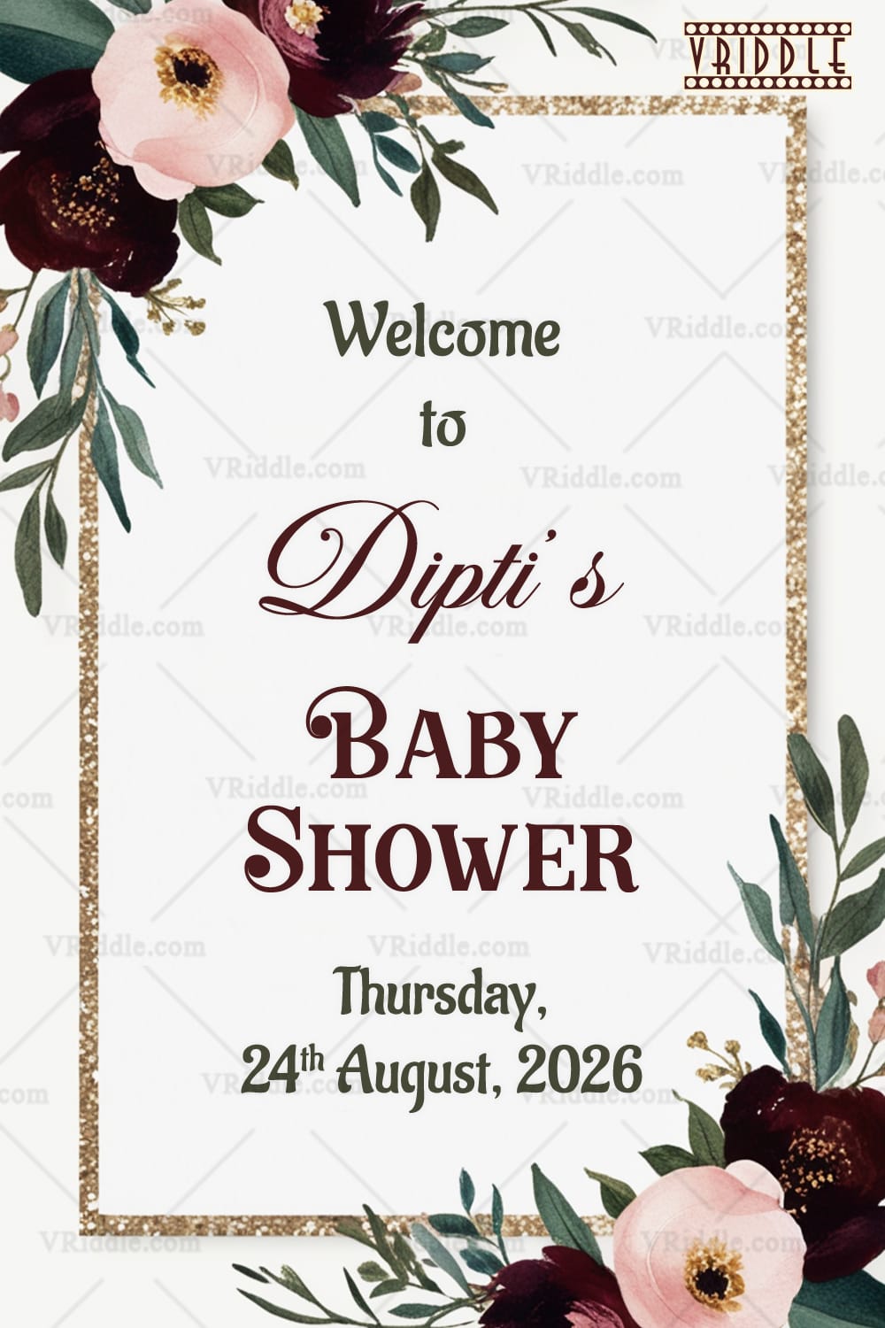 White Theme Baby Shower Welcome Poster with Floral Borders