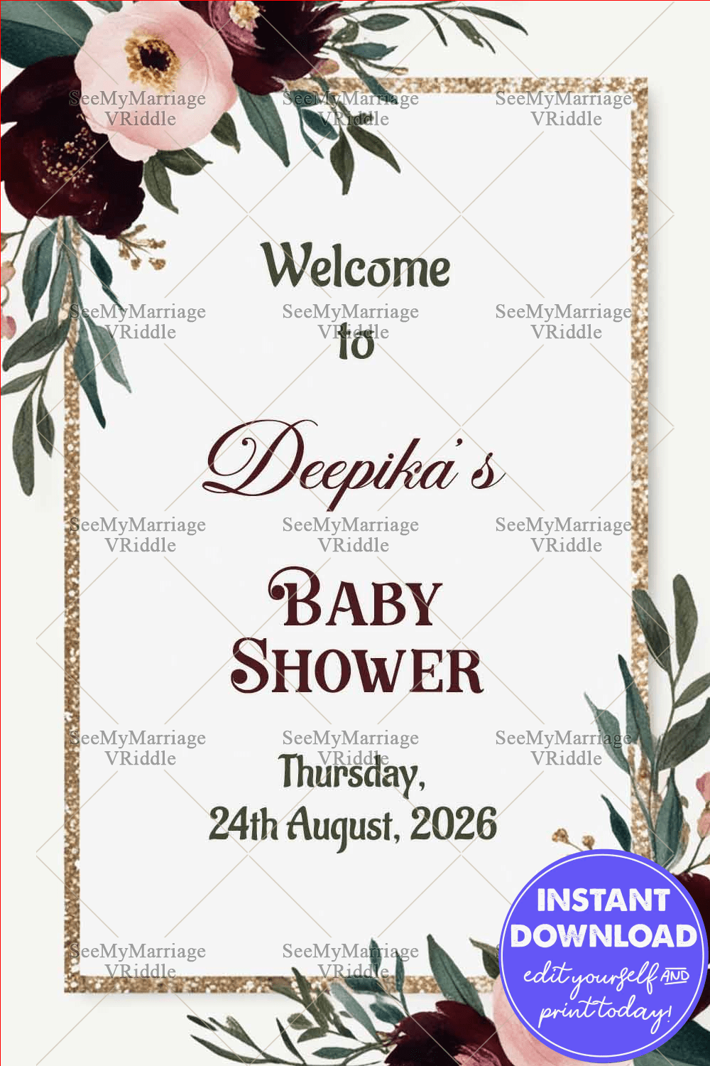 White Theme Baby Shower Welcome Poster with Floral Borders