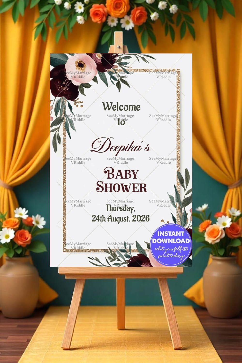 White Theme Baby Shower Welcome Poster with Floral Borders Mockup