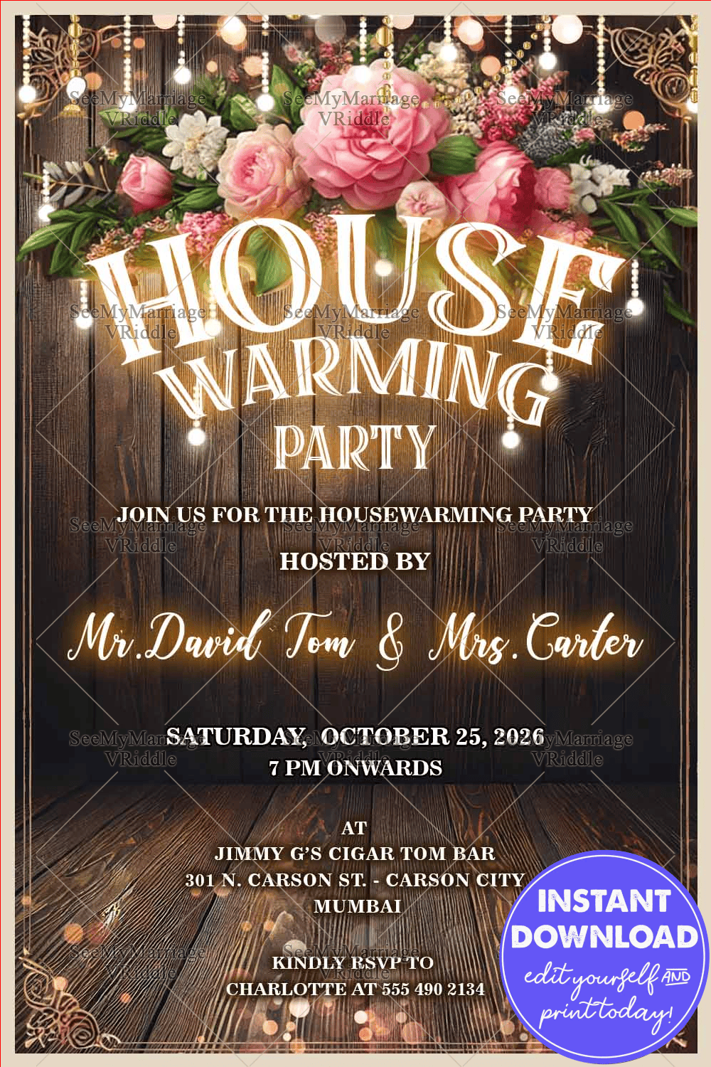 Wooden Theme Housewarming Party Invitation Card with String Lights and Floral Decor