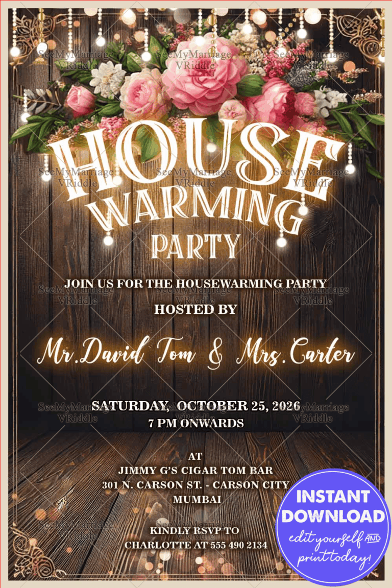 Wooden Theme Housewarming Party Invitation Card with String Lights and Floral Decor
