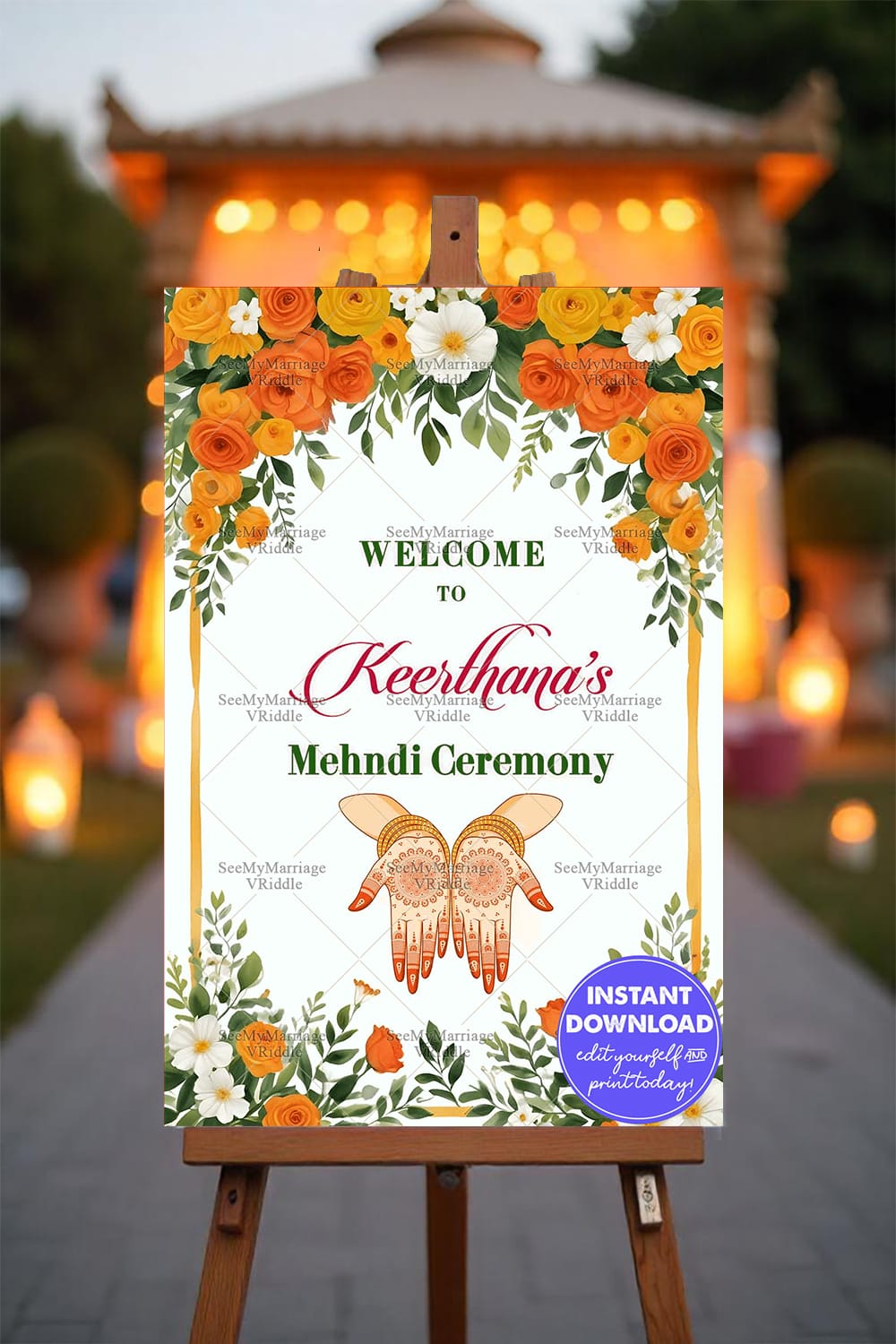 Yellow Flowers Archway Theme Mehndi Ceremony Welcome Poster Mockup