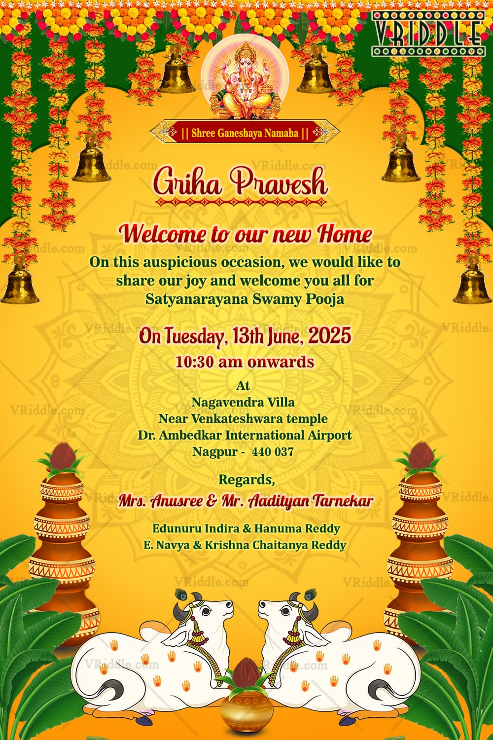 Yellow Theme Griha Pravesh Ceremony Invitation Card with Traditional Cows and Golden Bells Decor