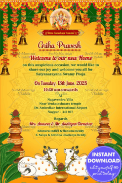 Yellow Theme Griha Pravesh Ceremony Invitation Card with Traditional Cows and Golden Bells Decor