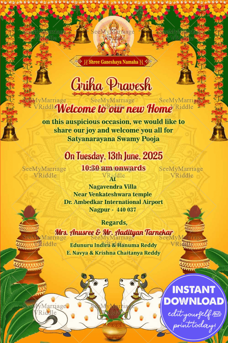 Yellow Theme Griha Pravesh Ceremony Invitation Card with Traditional Cows and Golden Bells Decor