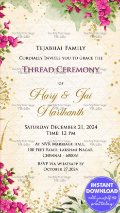 Sacred Upanayanam Ceremony Invitation Card with Pink Floral Design