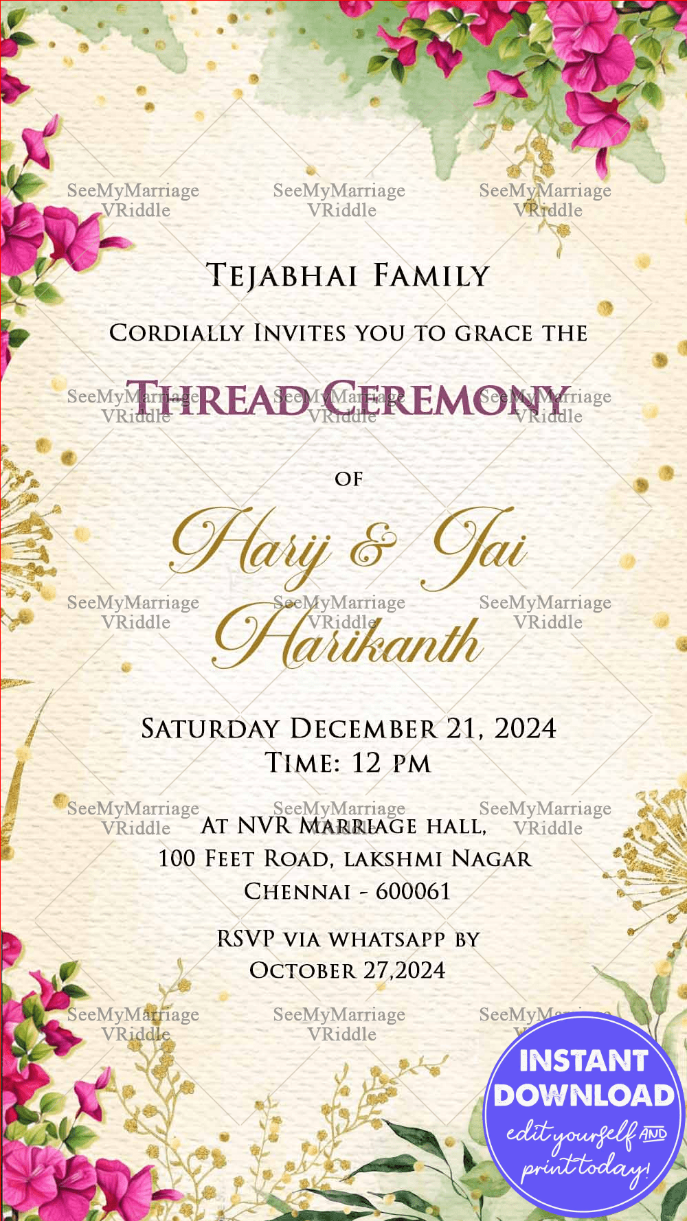 Sacred Upanayanam Ceremony Invitation Card with Pink Floral Design