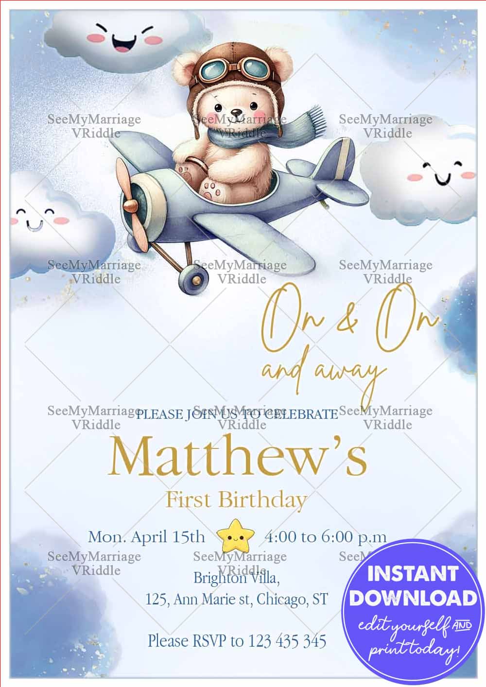 Aviator Bear First Birthday Invitation with Cloud Theme