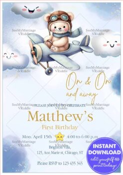 Aviator Bear First Birthday Invitation with Cloud Theme