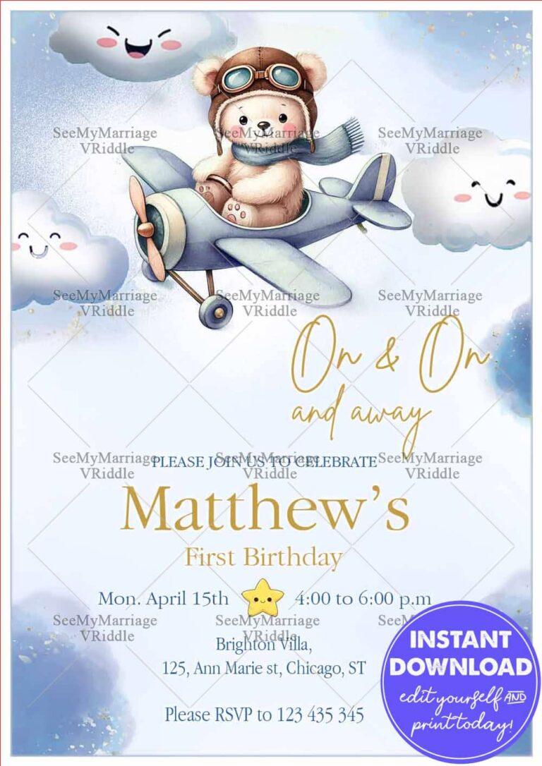 Aviator Bear First Birthday Invitation with Cloud Theme