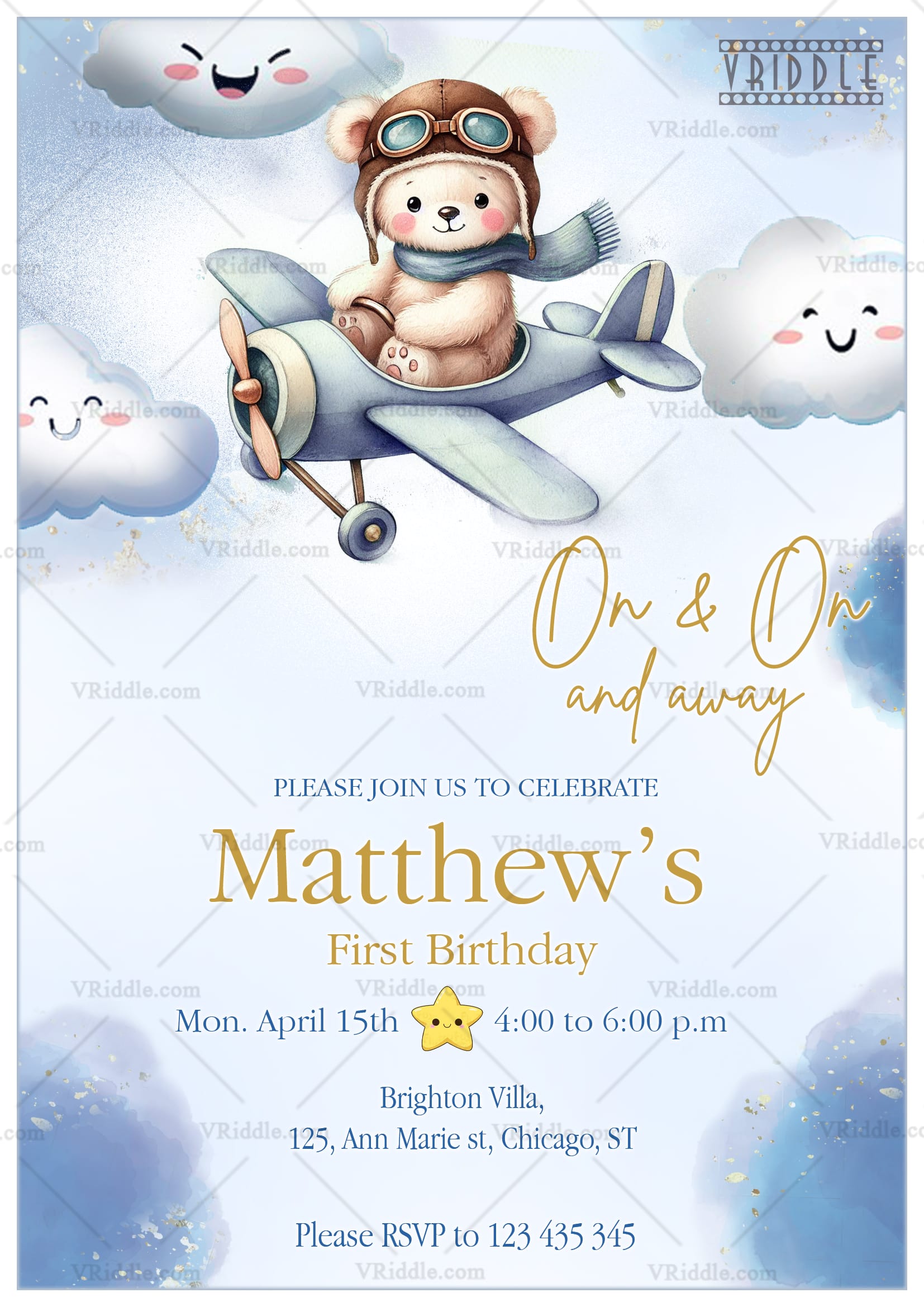 Aviator Bear First Birthday Invitation with Cloud Theme