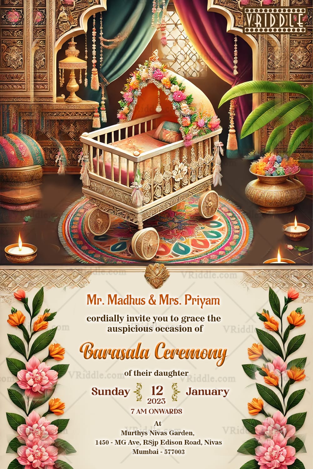 Barasala Ceremony Invitation Card with Golden Motifs Background