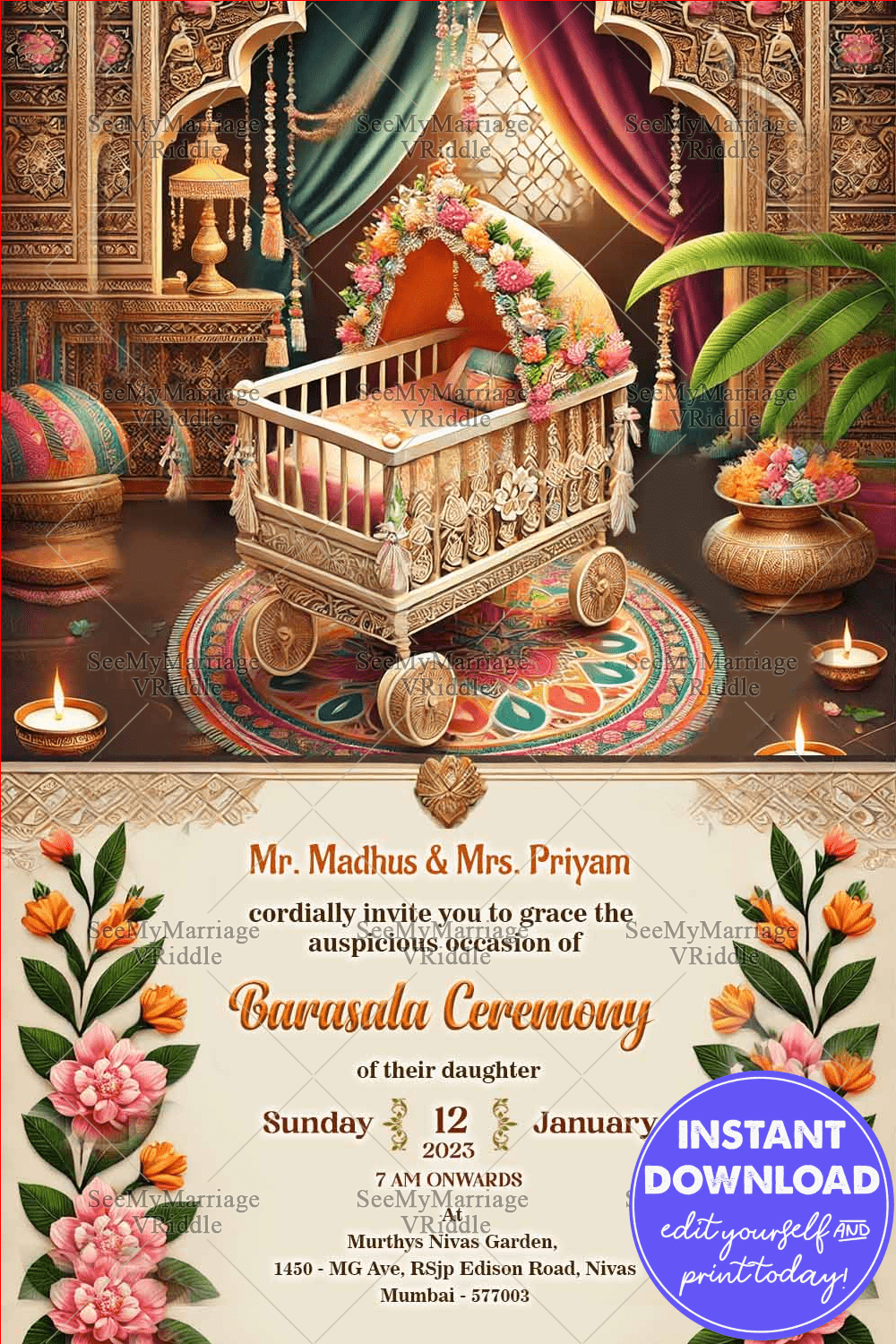Barasala Ceremony Invitation Card with Golden Motifs Background