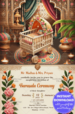 Barasala Ceremony Invitation Card with Golden Motifs Background