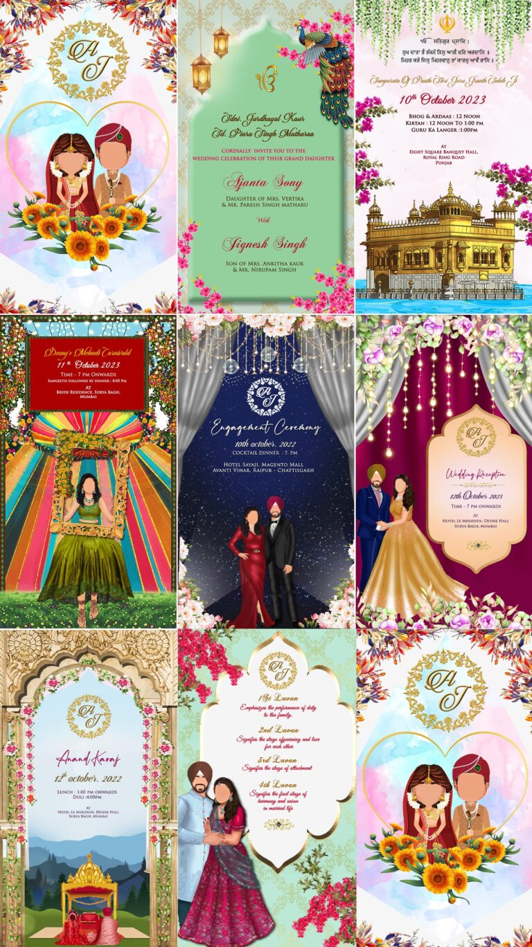 Beautiful Caricature Themed Punjabi Wedding Celebration Collage Card with Floral Background