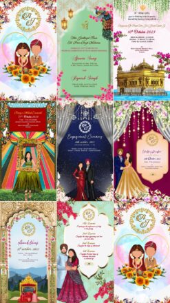Beautiful Caricature Themed Punjabi Wedding Celebration Collage Card with Floral Background