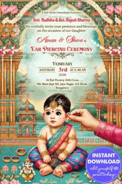 Blue Theme Ear Piercing Ceremony Invitation Card with Architectural Motifs