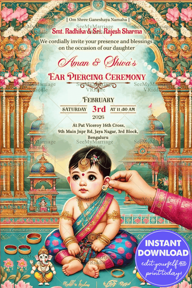 Blue Theme Ear Piercing Ceremony Invitation Card with Architectural Motifs