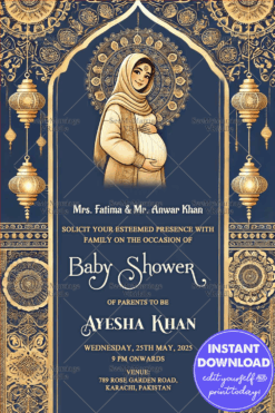 Blue and Gold Theme Islamic Baby Shower Invitation Card with Lanterns Decor