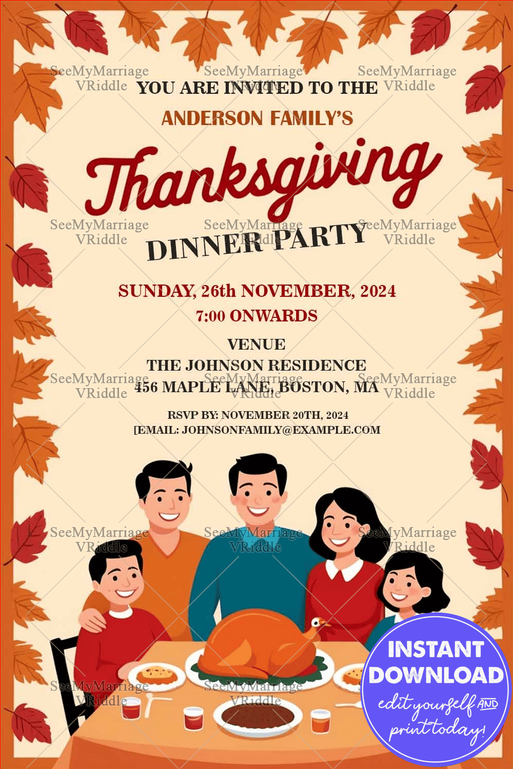 Brown Leaves Theme Thanksgiving Dinner Party Invitation Card