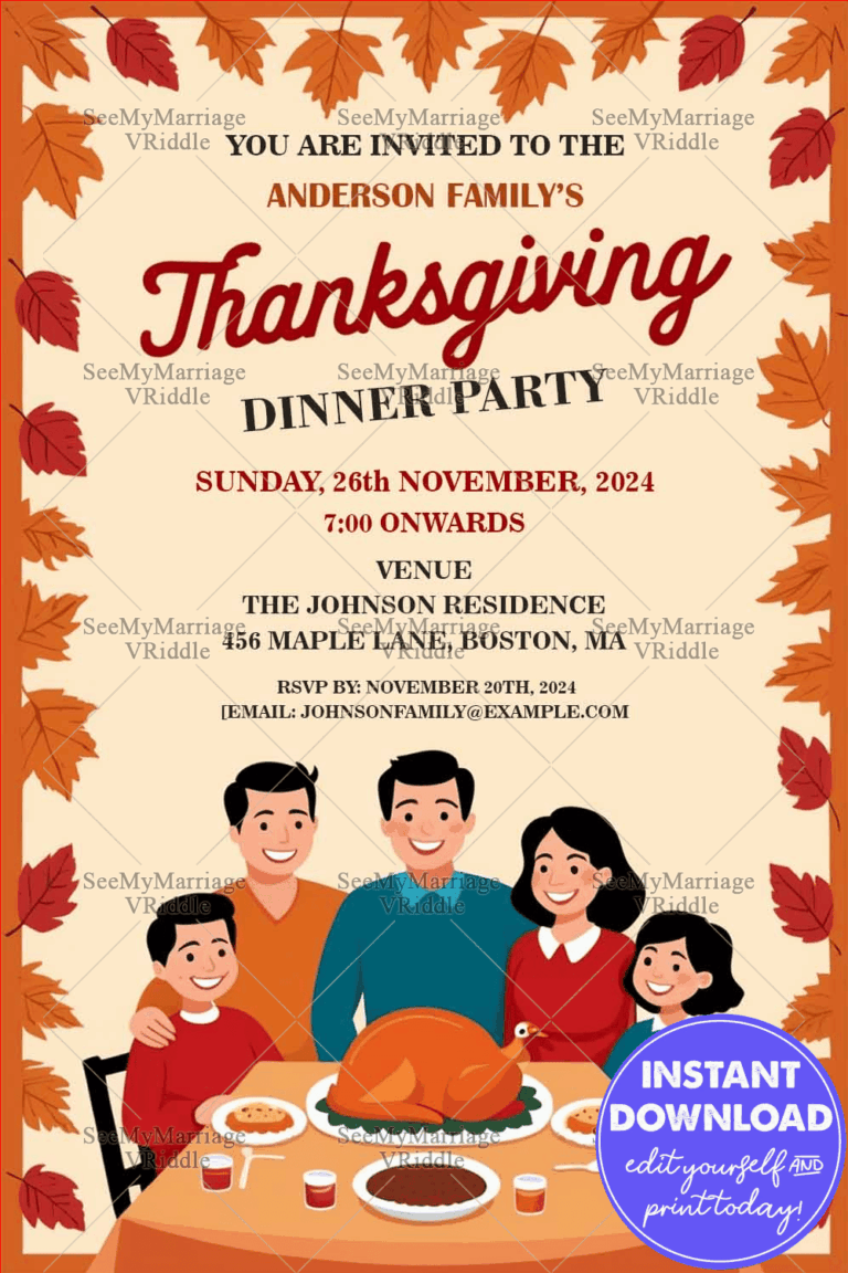 Brown Leaves Theme Thanksgiving Dinner Party Invitation Card