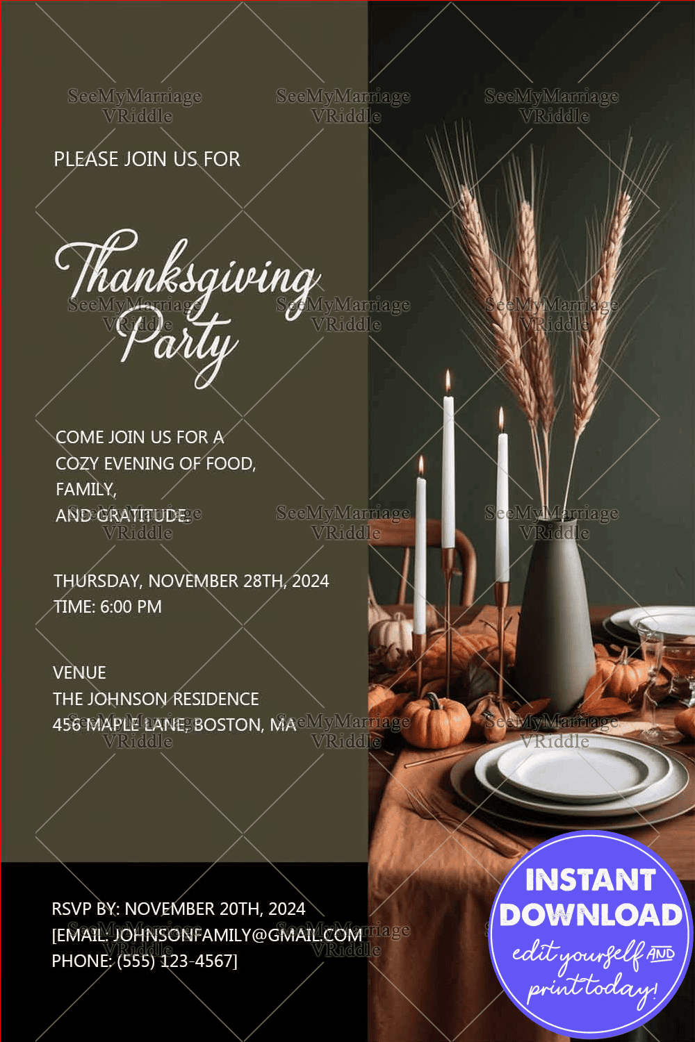 Candlelit Feast Theme Thanksgiving Dinner Party Invitation Card with Grey Color Background