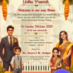 Caricature Family Housewarming Invitation with Floral and Traditional Indian Theme