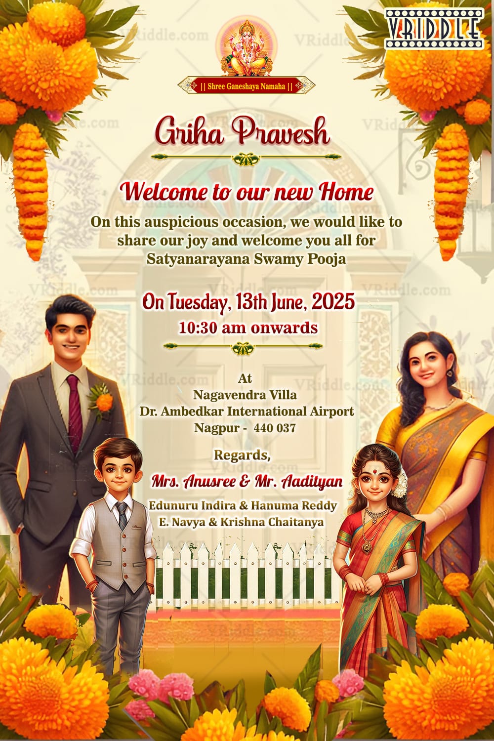 Caricature Family Housewarming Invitation with Floral and Traditional Indian Theme
