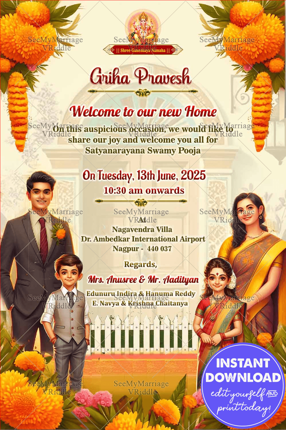 Caricature Family Housewarming Invitation with Floral and Traditional Indian Theme