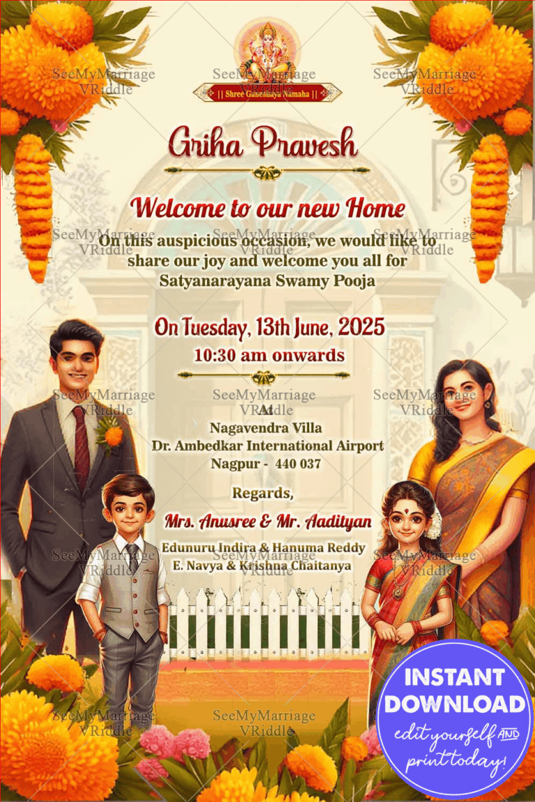Caricature Family Housewarming Invitation with Floral and Traditional Indian Theme