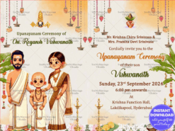 Cartoon Family Theme Traditional Upanayanam Ceremony Invitation Card with White Color Background
