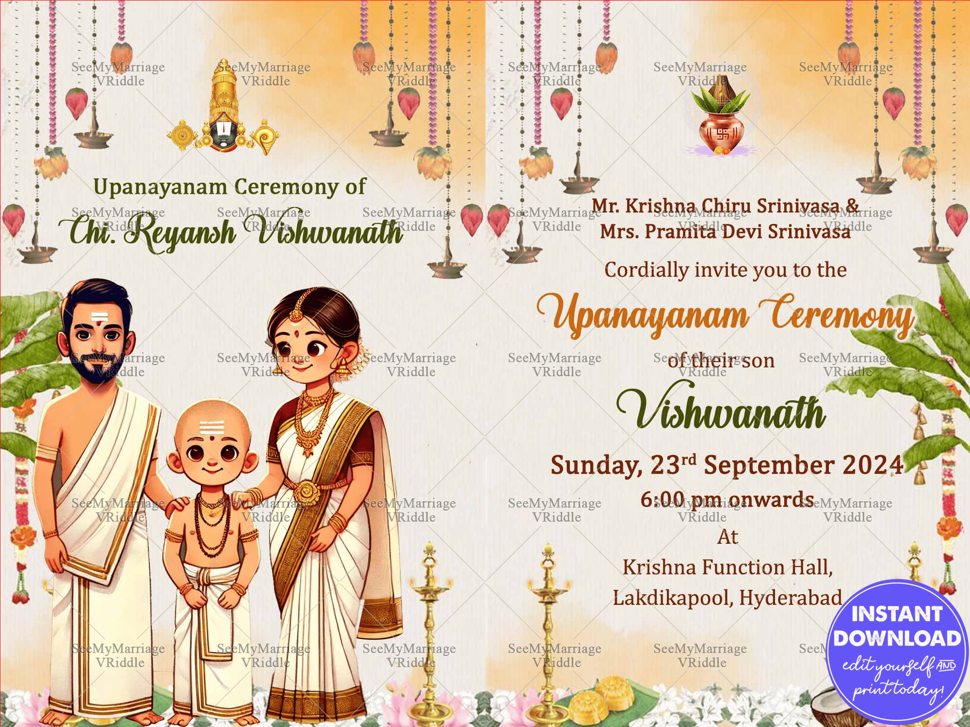 Cartoon Family Theme Traditional Upanayanam Ceremony Invitation Card with White Color Background