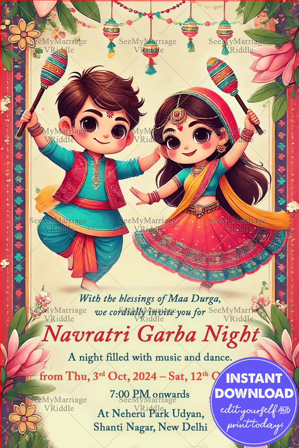 Cartoon Theme Navratri Garba Night Festive Invitation Card with Floral Backdrop