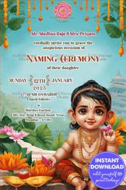 Cherubic Naming Ceremony Invitation Card with Lotus Theme Backdrop