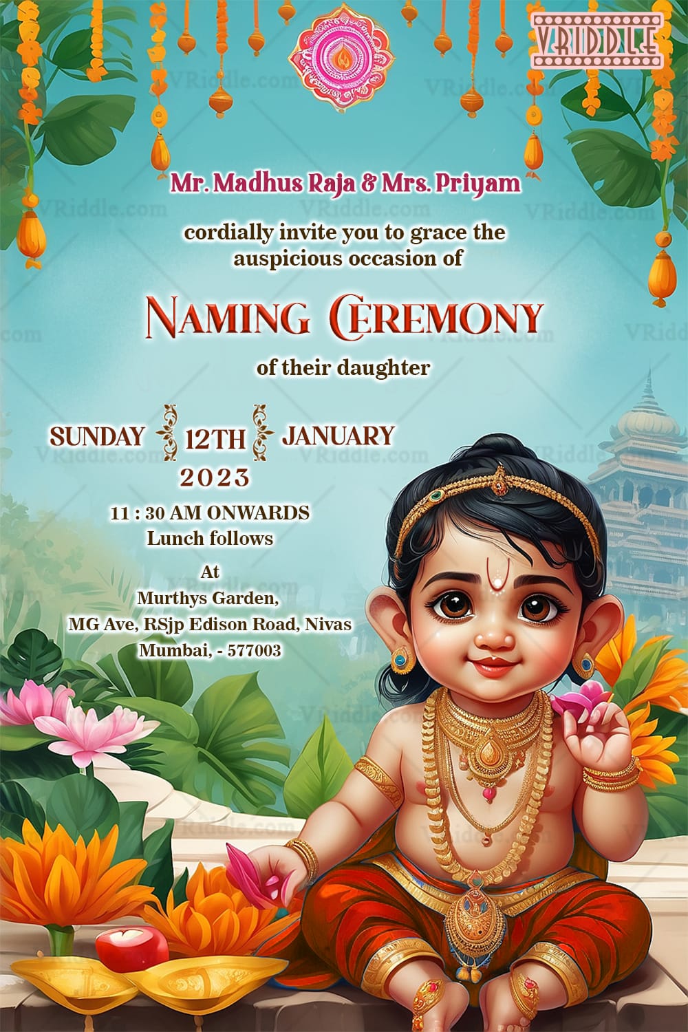 Cherubic Naming Ceremony Invitation Card with Lotus Theme Backdrop