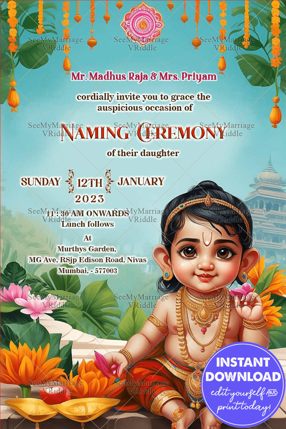 Cherubic Naming Ceremony Invitation Card with Lotus Theme Backdrop