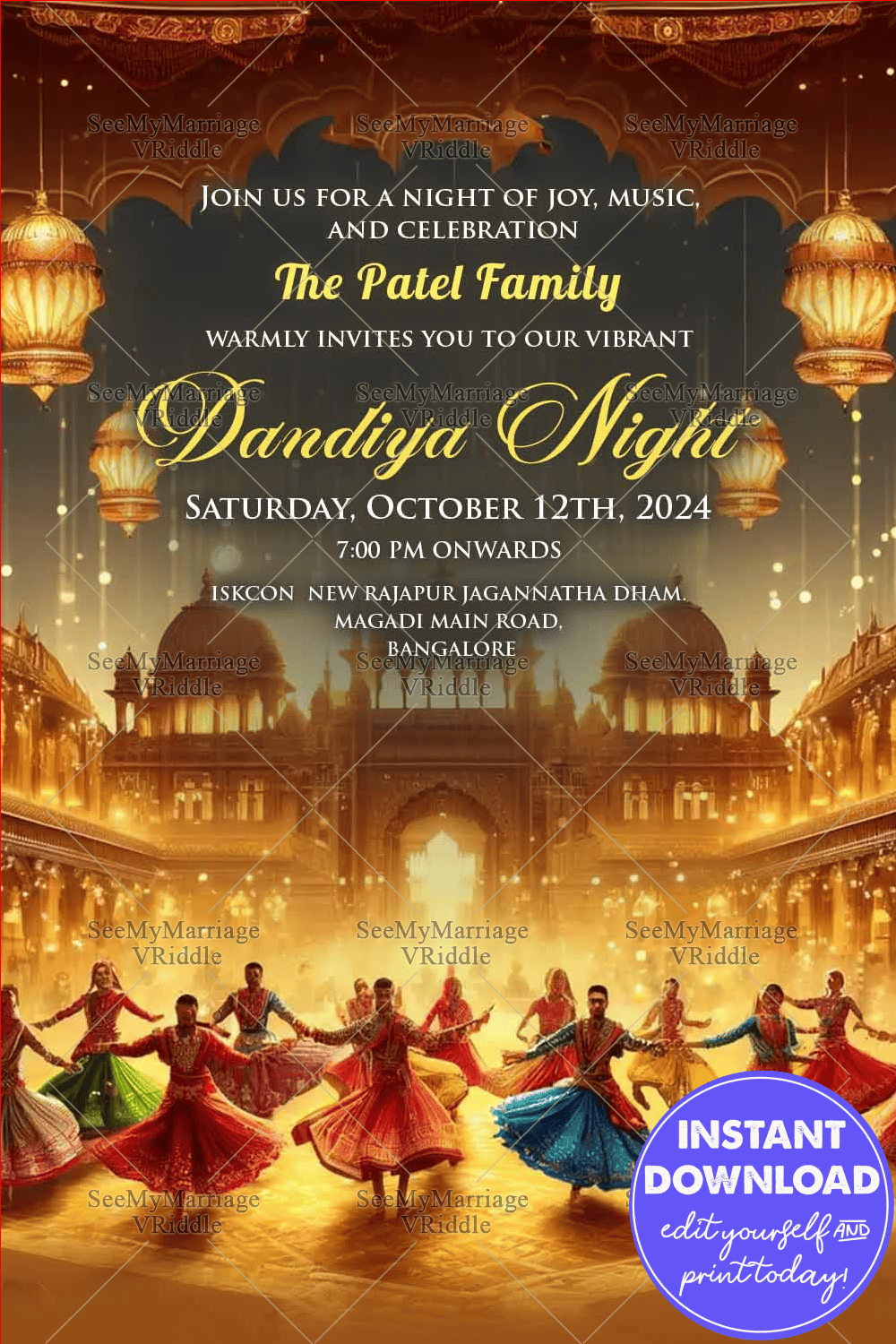 Colorful Dandiya Night Navratri Festive Celebration Invitation Card with String Lights Decor