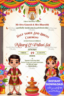Colorful Half Saree and Dhoti Ceremony Invitation Card with Cartoon Style Characters
