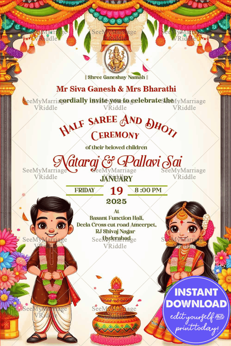 Colorful Half Saree and Dhoti Ceremony Invitation Card with Cartoon Style Characters