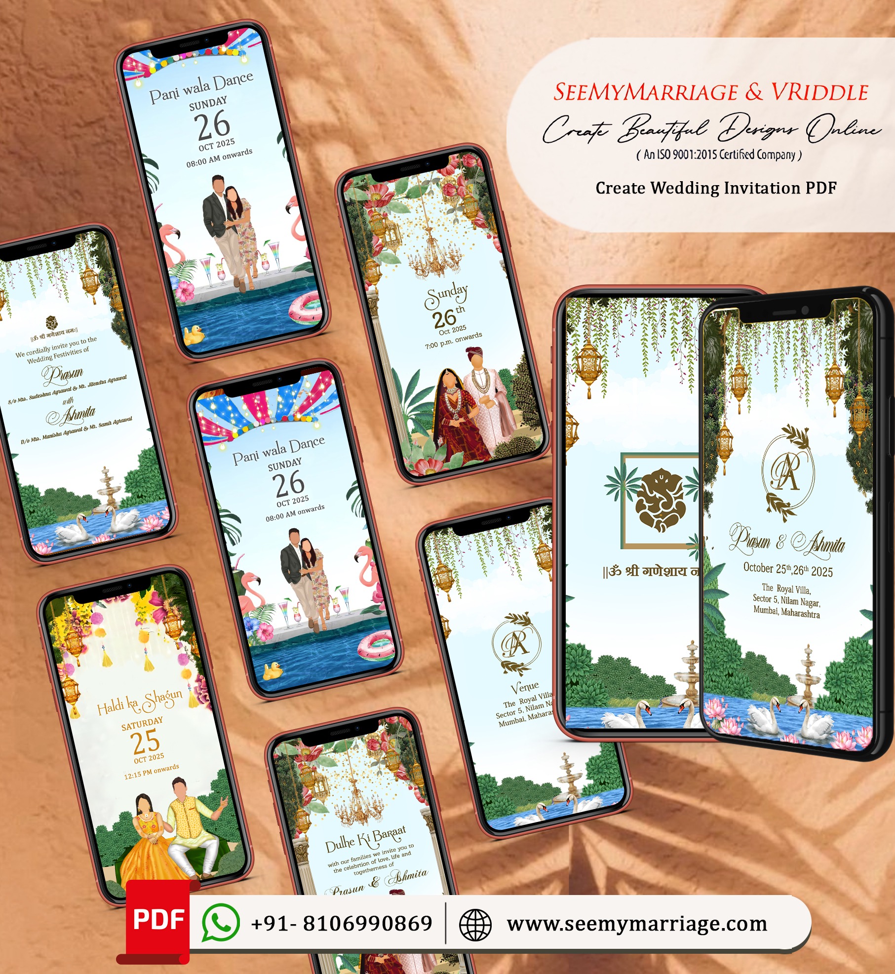 Couple-Caricature-Theme-Wedding-Ceremony-College-Card-with-Serene-Lake