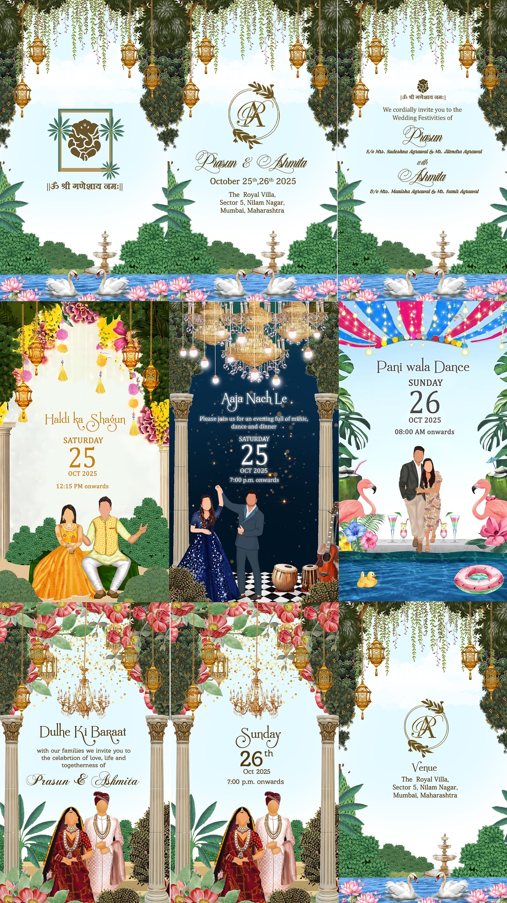 Couple Caricature Theme Wedding Ceremony College Card with Serene Lake Background