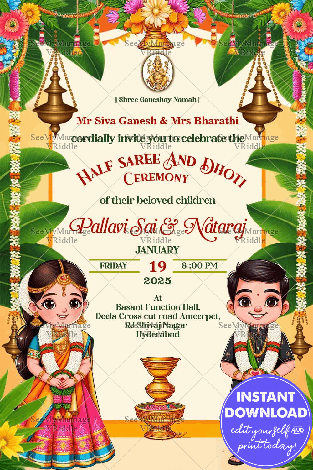 Cream Theme Half Saree and Dhoti Ceremony Invitation Card with Traditional Elements Backdrop