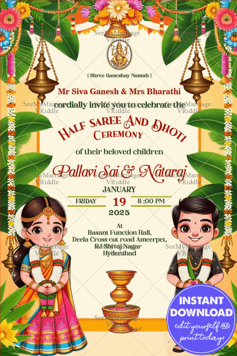Cream Theme Half Saree and Dhoti Ceremony Invitation Card with Traditional Elements Backdrop