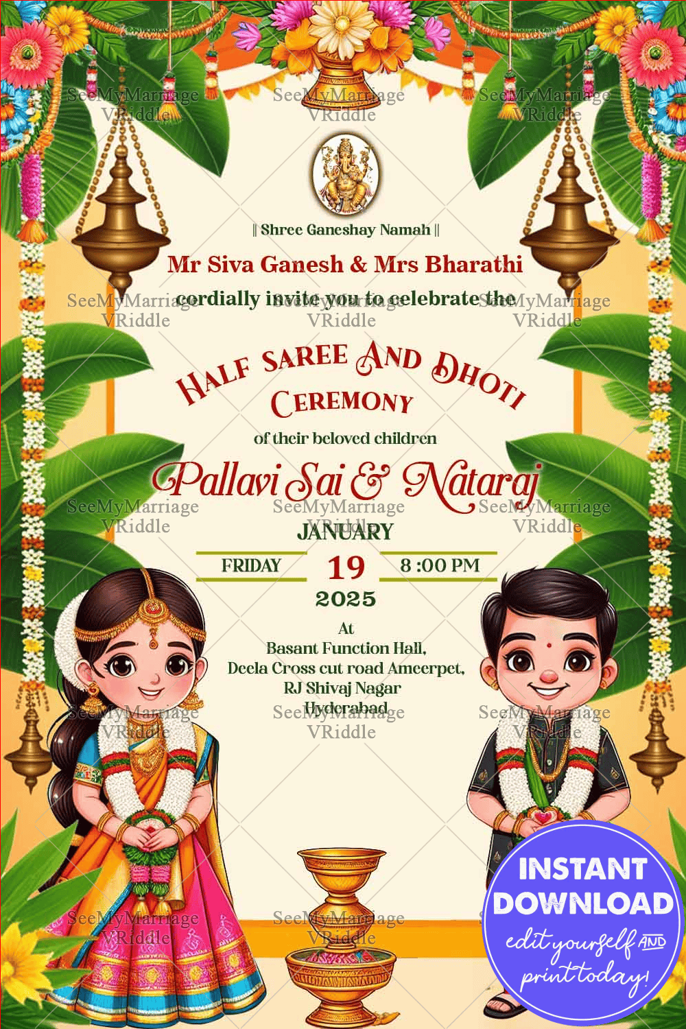 Cream Theme Half Saree and Dhoti Ceremony Invitation Card with Traditional Elements Backdrop