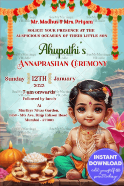 Cute Baby Traditional Annaprashan Ceremony Invitation Card with Floral Garlands Background