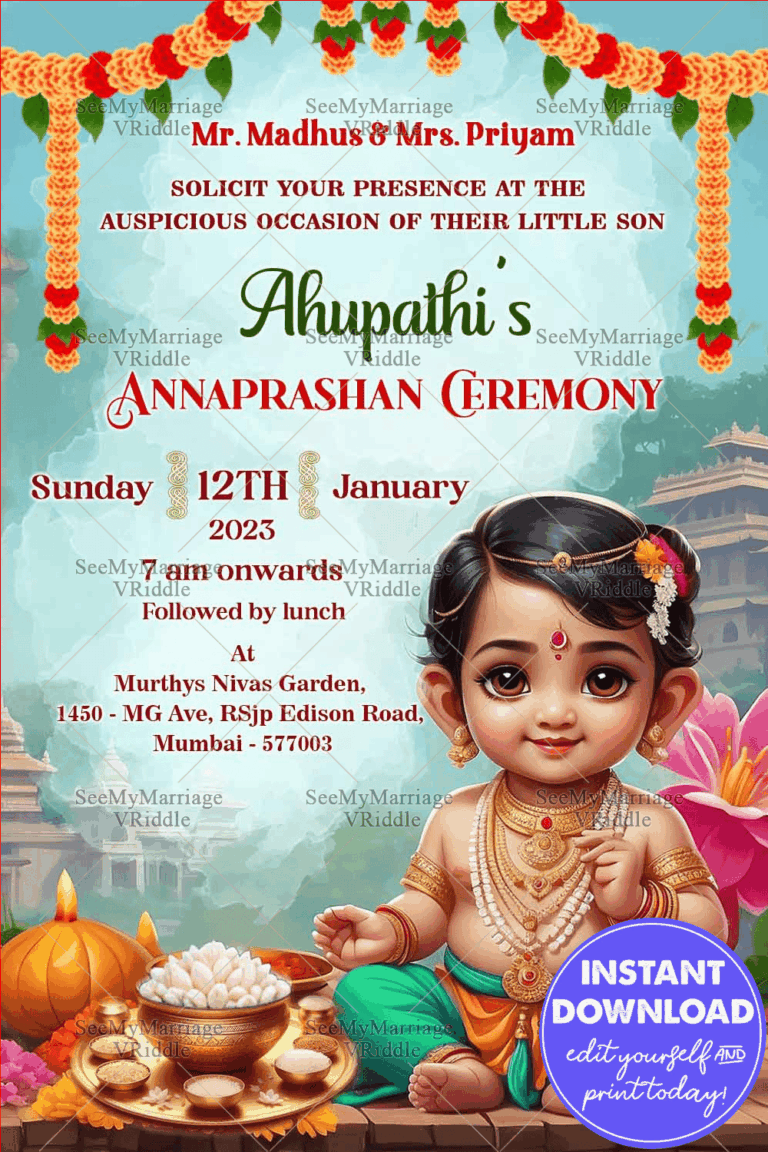 Cute Baby Traditional Annaprashan Ceremony Invitation Card with Floral Garlands Background