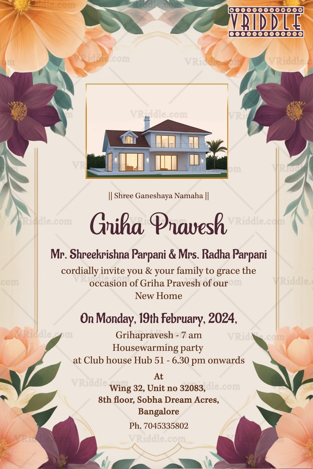 Dahlias Bloom Theme Griha Pravesh Ceremony Invitation Card with Add House Photo Background